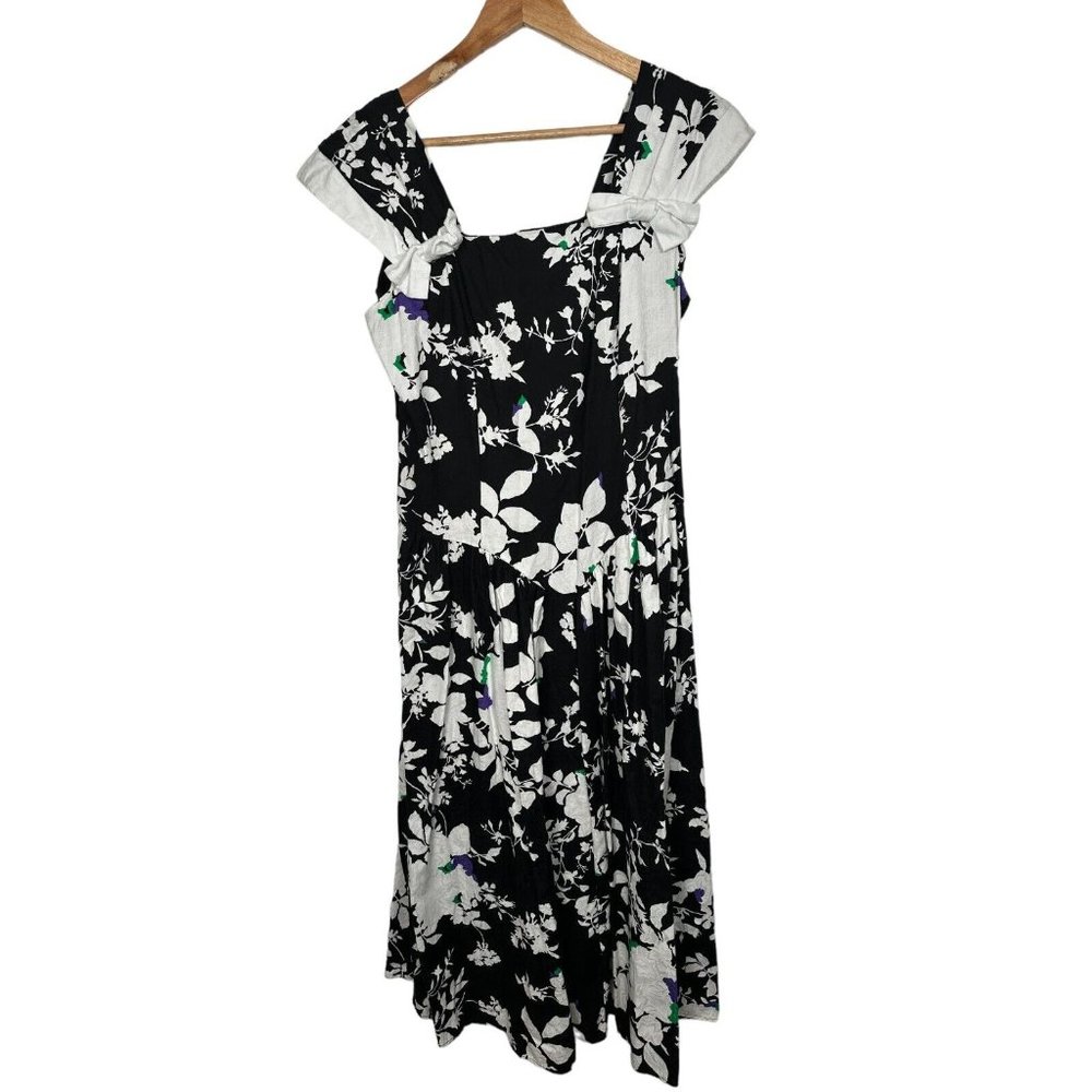 Vintage David Mitchell Women 9/10 Dress Floral Black White Tea Dress Cottagecore